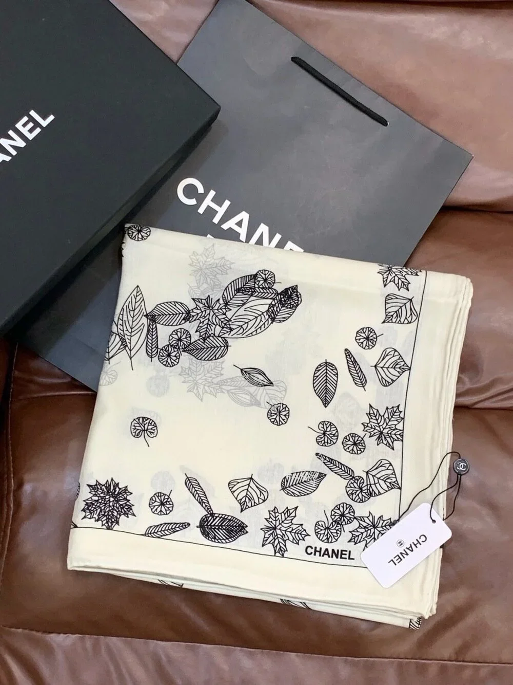 CHANEL Leaf Print Lightweight Scarf